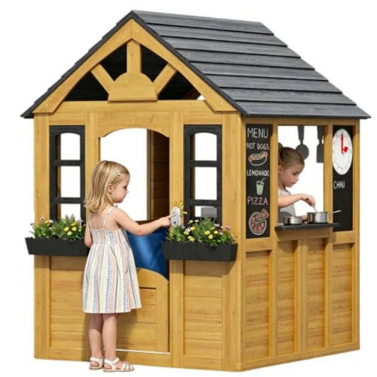 Mdng Outdoor Wooden Playhouse With Kitchen And Snack Bar