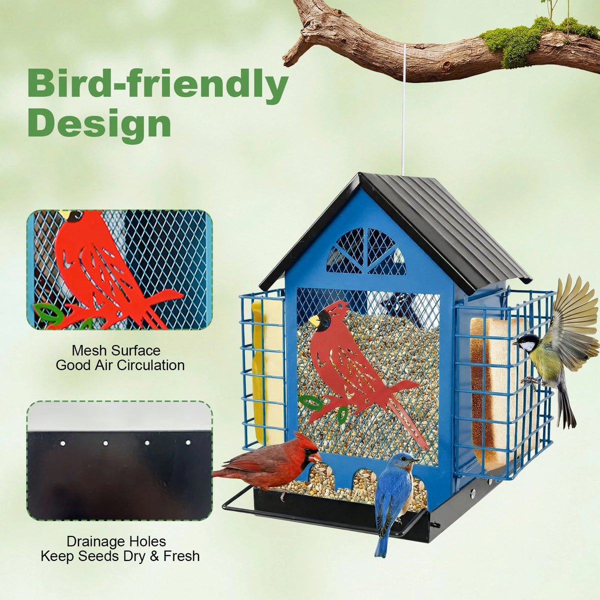 Squirrel Proof Outdoor Hanging Bird Feeder With Double Suet Tray