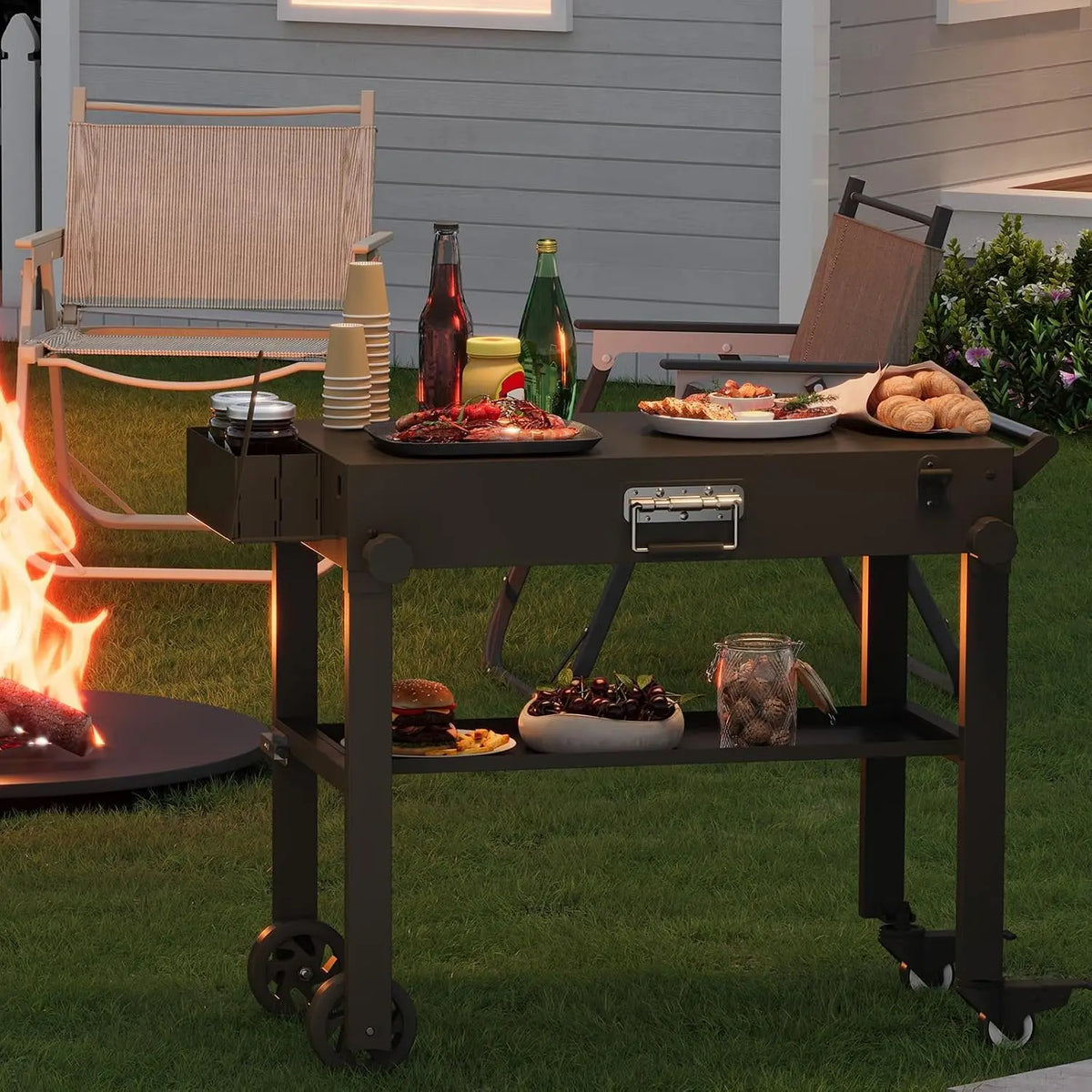 Tacleekii Folding Grill Cart With Locking Wheels and Prep Table