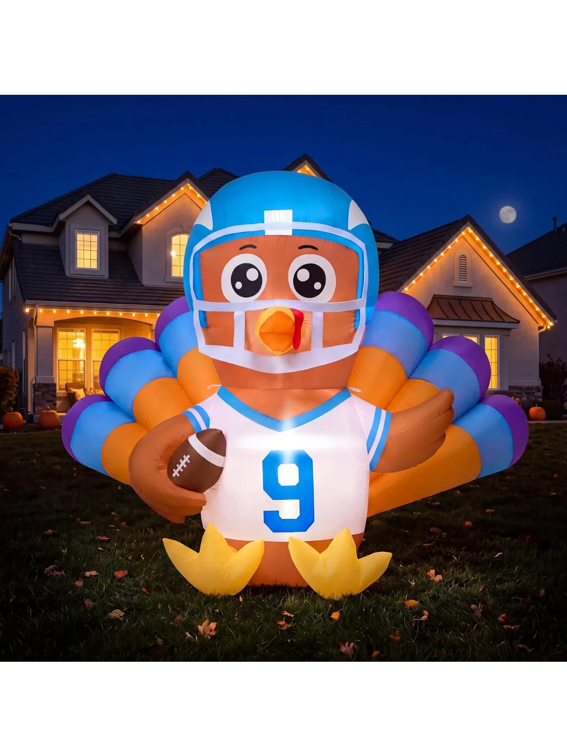 Joyfy Light Up Thanksgiving Turkey Inflatable With Football Outdoor Decor