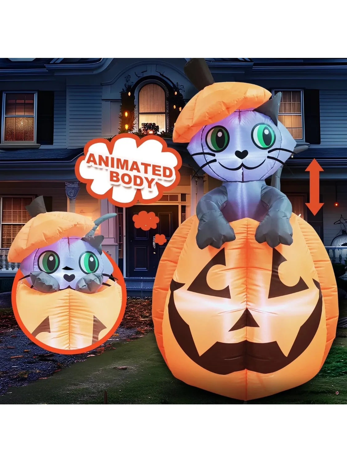 Joyfy Animated Cat On Pumpkin Halloween Inflatable Outdoor Decor