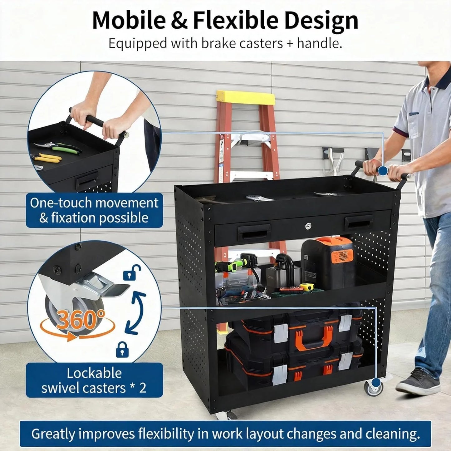 Three Tier Steel Rolling Tool Cart With Locking Casters