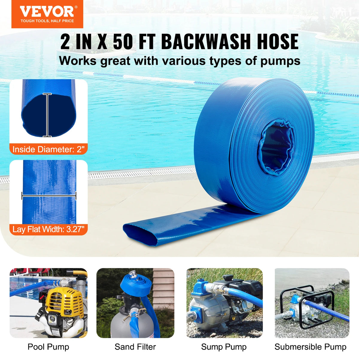 SucceBuy Pool Drain Hose 2 in by 50 ft Durable PVC Material, Aluminum Camlock C & E Connectors and Clamps for Pool Water Removal