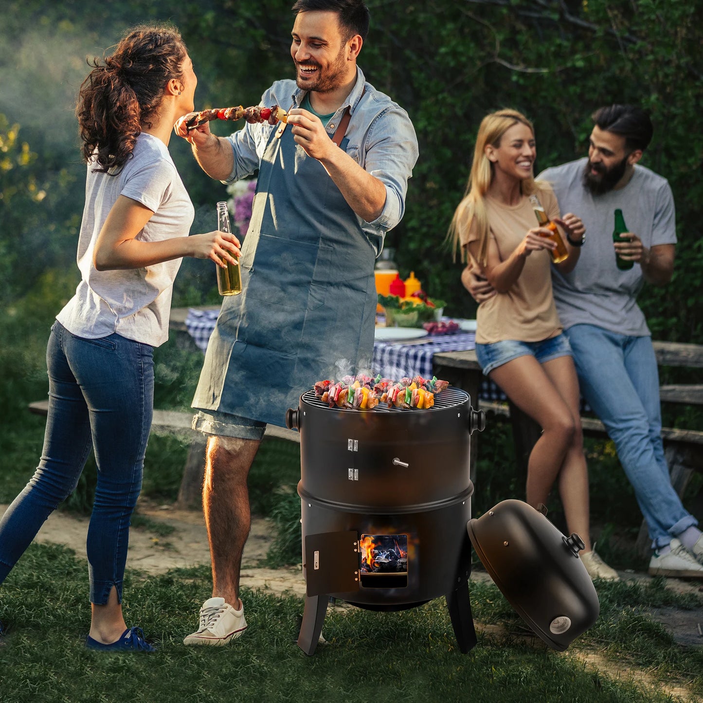 80 x 41 x 48 cm Iron Spray Smoker Carbon Grill Black Durable Portable for Outdoor Camping BBQ with Thermometer and Air Vent