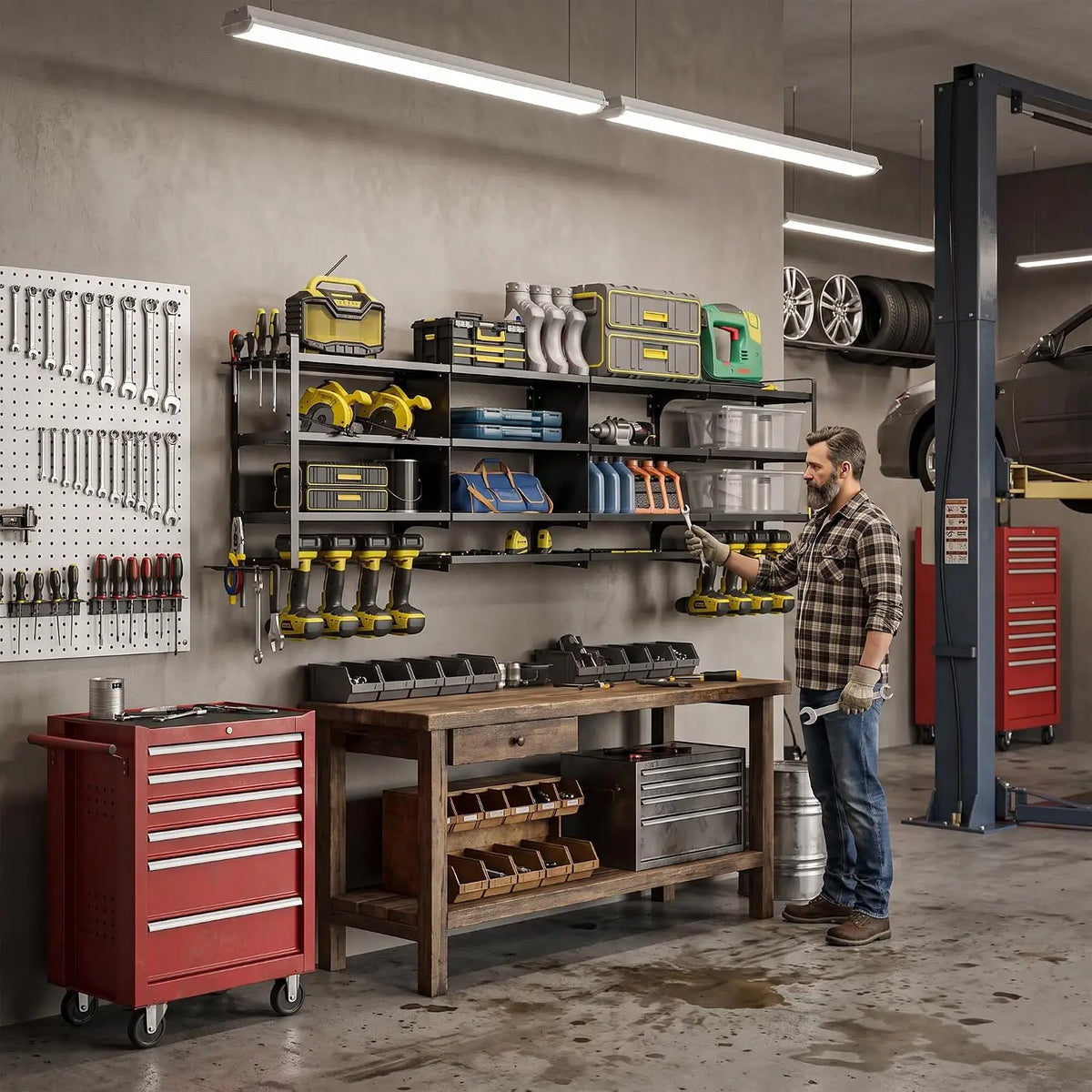 Large Power Tool Organizer Wall Mount Heavy Duty 67 Inch 4-Tier 8 Drill Holder Tool Storage Battery Shelf for Workshop Shed Basement 16 Inch Stud 20 Min Setup