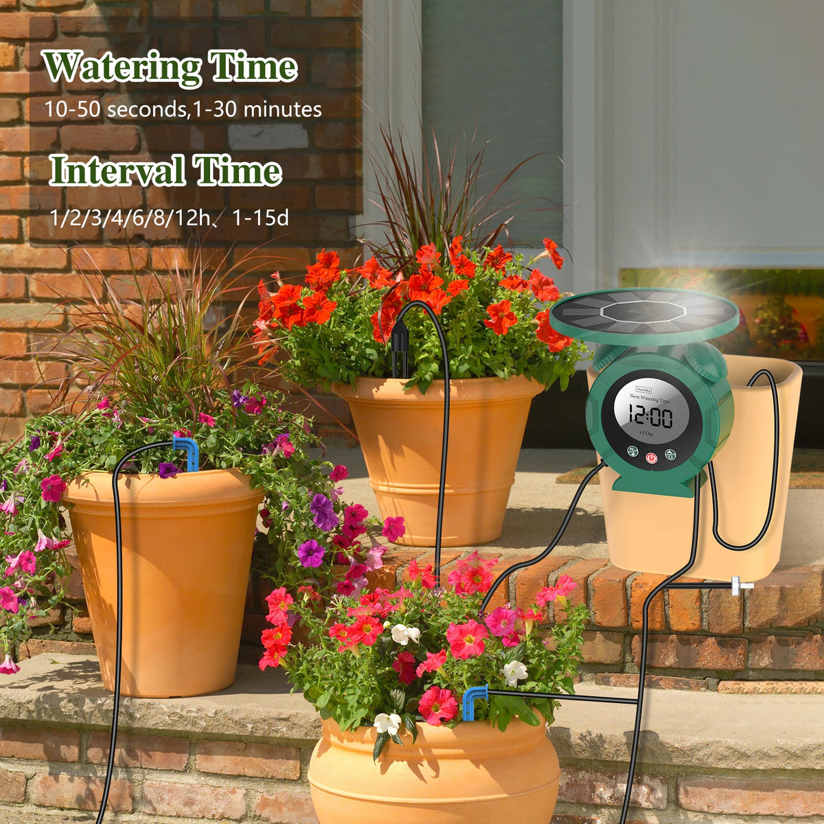 Solar Drip Irrigation Watering Sytem, with Dual Supply Option Solar-Powered&USB Charging, Multiple Watering Programs, DIY Watering Kit with Alarm Clock&15 Dripper for Potted Plants/Garden/Lawn ﻿