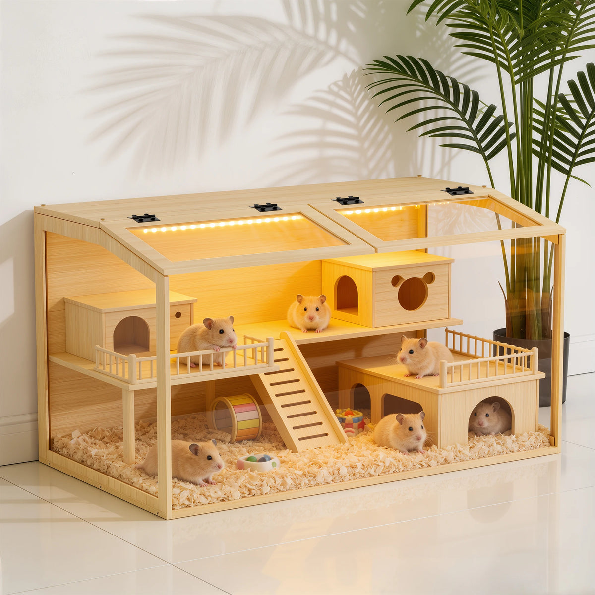 Wooden Pet Hamster Cage With Tempered Glass And Led Light