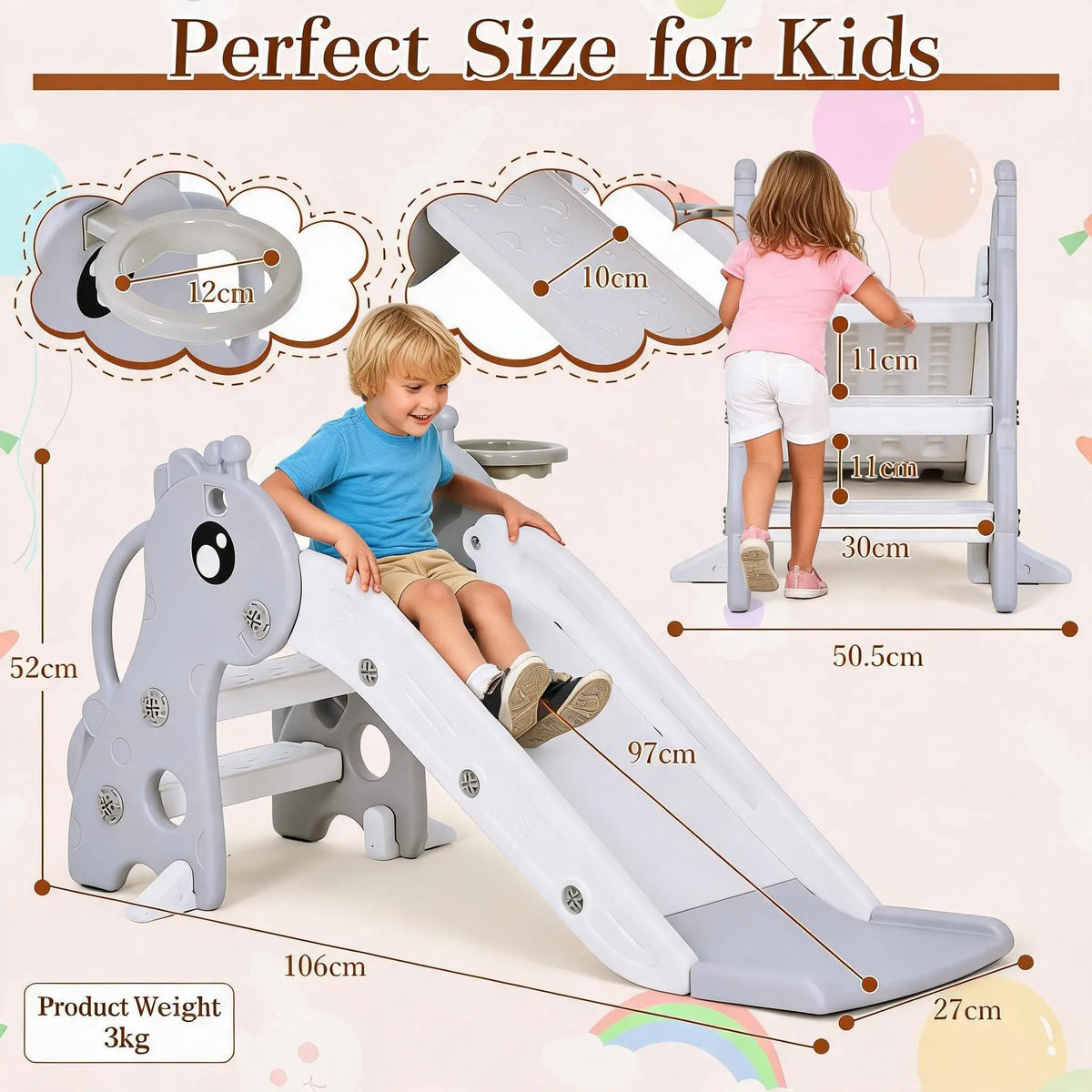Indoor Toddler Slide With Basketball Hoop Deer Design Folding Playset