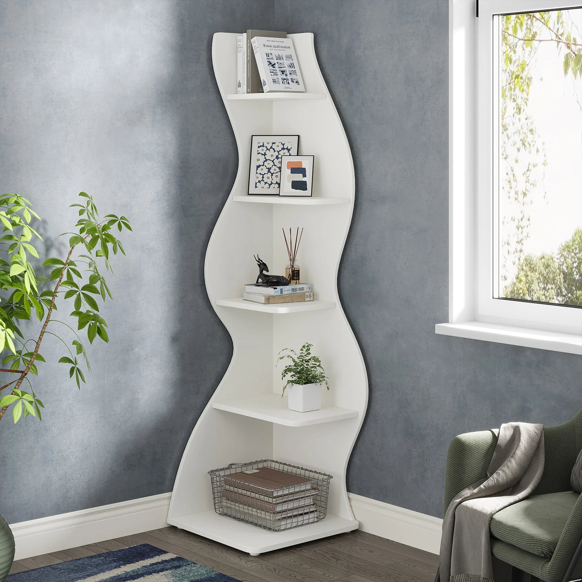 Tribesigns Modern Wooden Corner Bookshelf Wall Mounted Storage Rack
