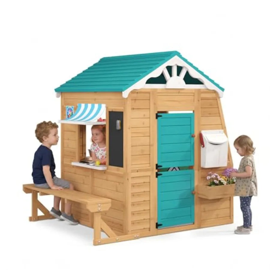 MDNG Outdoor Wooden Kids Playhouse Cottage With Bench And Kitchen