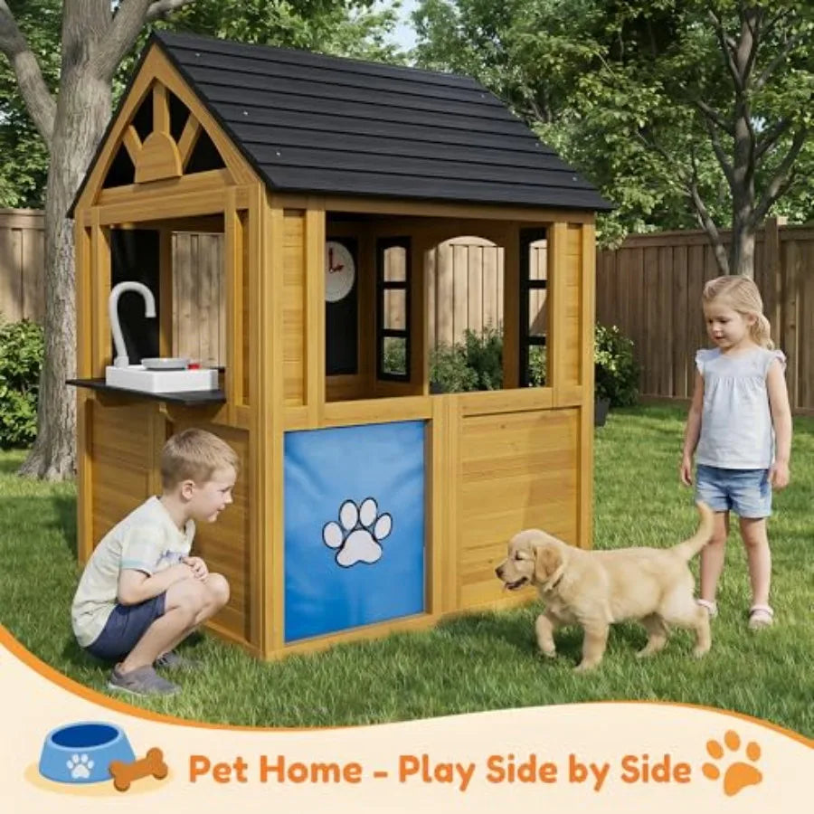 Mdng Outdoor Wooden Playhouse With Kitchen And Snack Bar