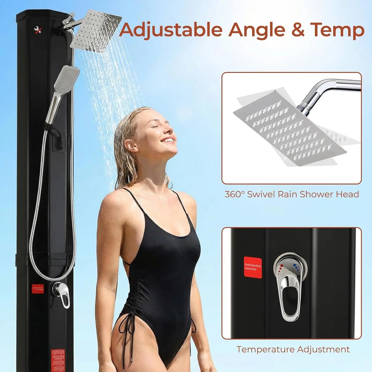 Solar Heated Shower,Outdoor PVC Freestanding Shower with 360 Rotating Rainfall,Handheld Head,Temperature Adjustment,Foot Faucet