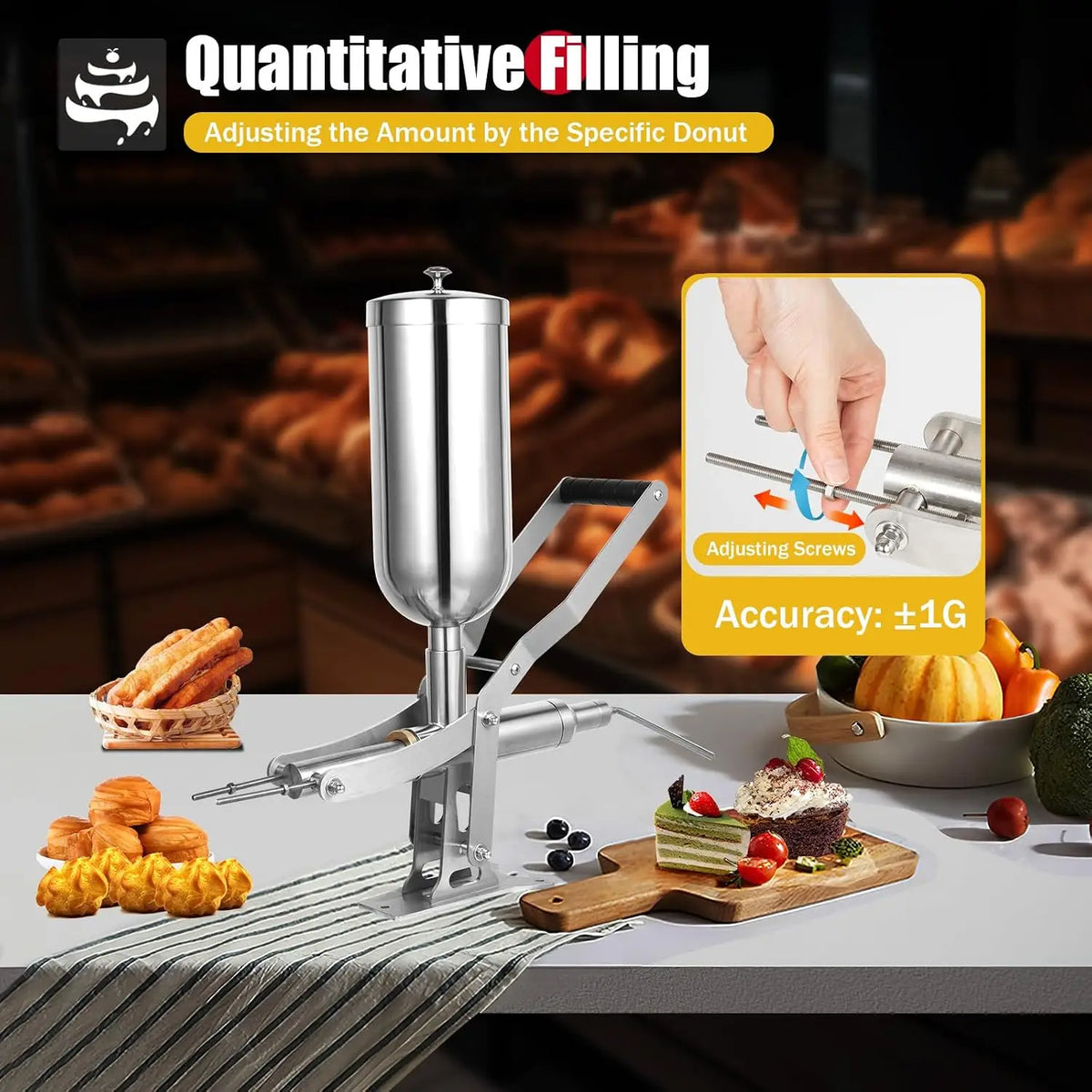 NEW Commercial Donut Filler Machine 5L Manual Donut Jelly Filler Injector Machine Stainless Steel Jelly Cream Filling Machine with 4 Filling Pipes for Restaurant Kitchen