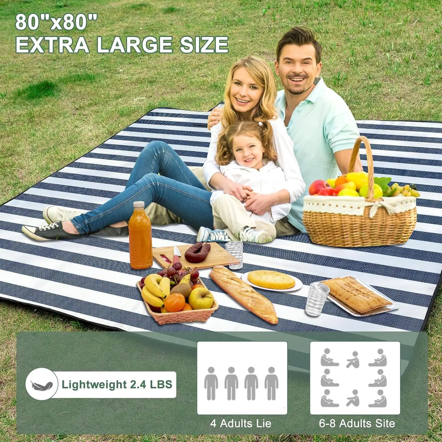 Gingham Picnic Blanket 80"×80", Waterproof Sandproof Foldable Outdoor Beach Camping Mat, Portable Travel Essential for Lawn Park Music Festival Gift