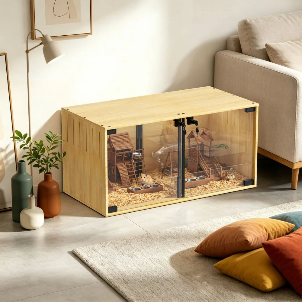 Wooden Hamster Cage Chew Proof Enclosure With Removable Divider