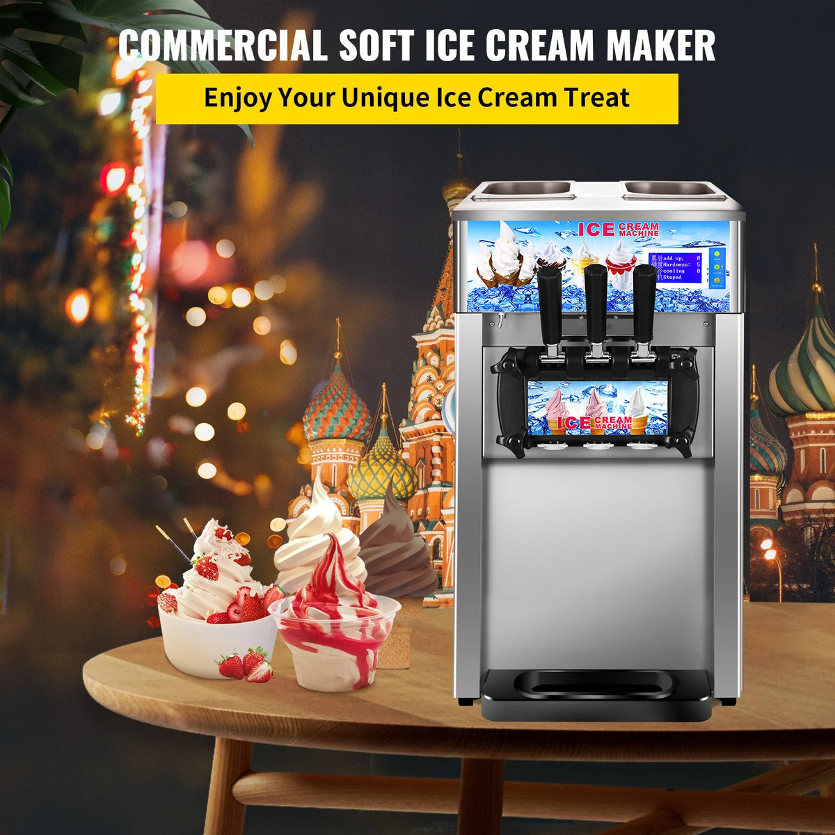 SIHAO Commercial Soft Serve Ice Cream Machine, 18L/H Tri-Flavor Countertop Ice Cream Maker, LCD Display 1200W Compressor, Stainless Steel, One-Touch Cleaning, for Dessert Shop Cafe Restaurant Snack Bar