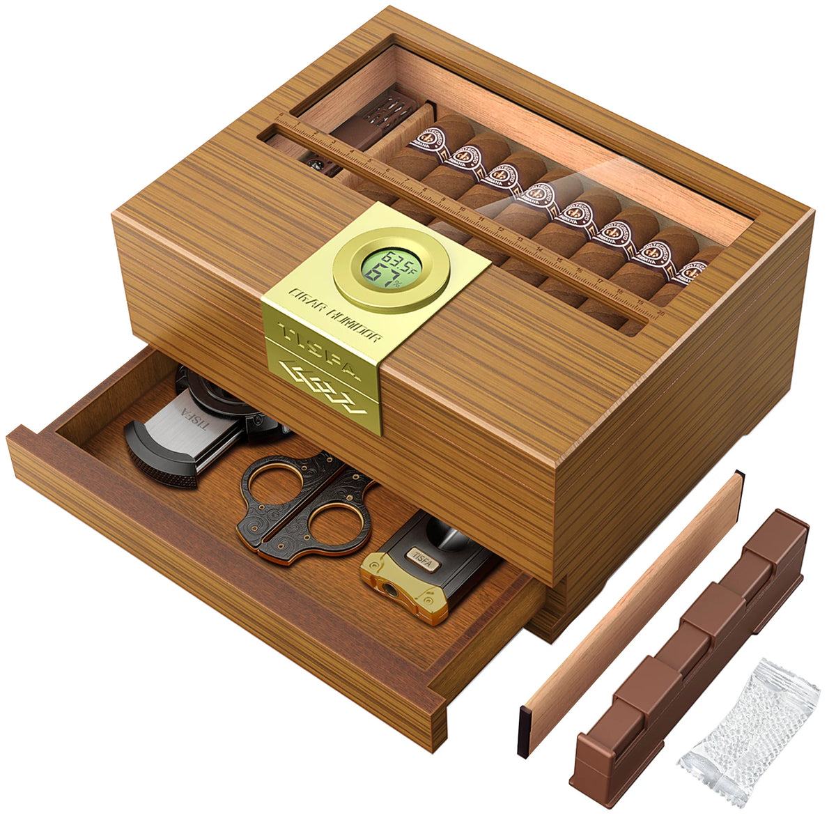 Xifei Cedar Wood Cigar Humidor With Hygrometer Humidifier And Drawer