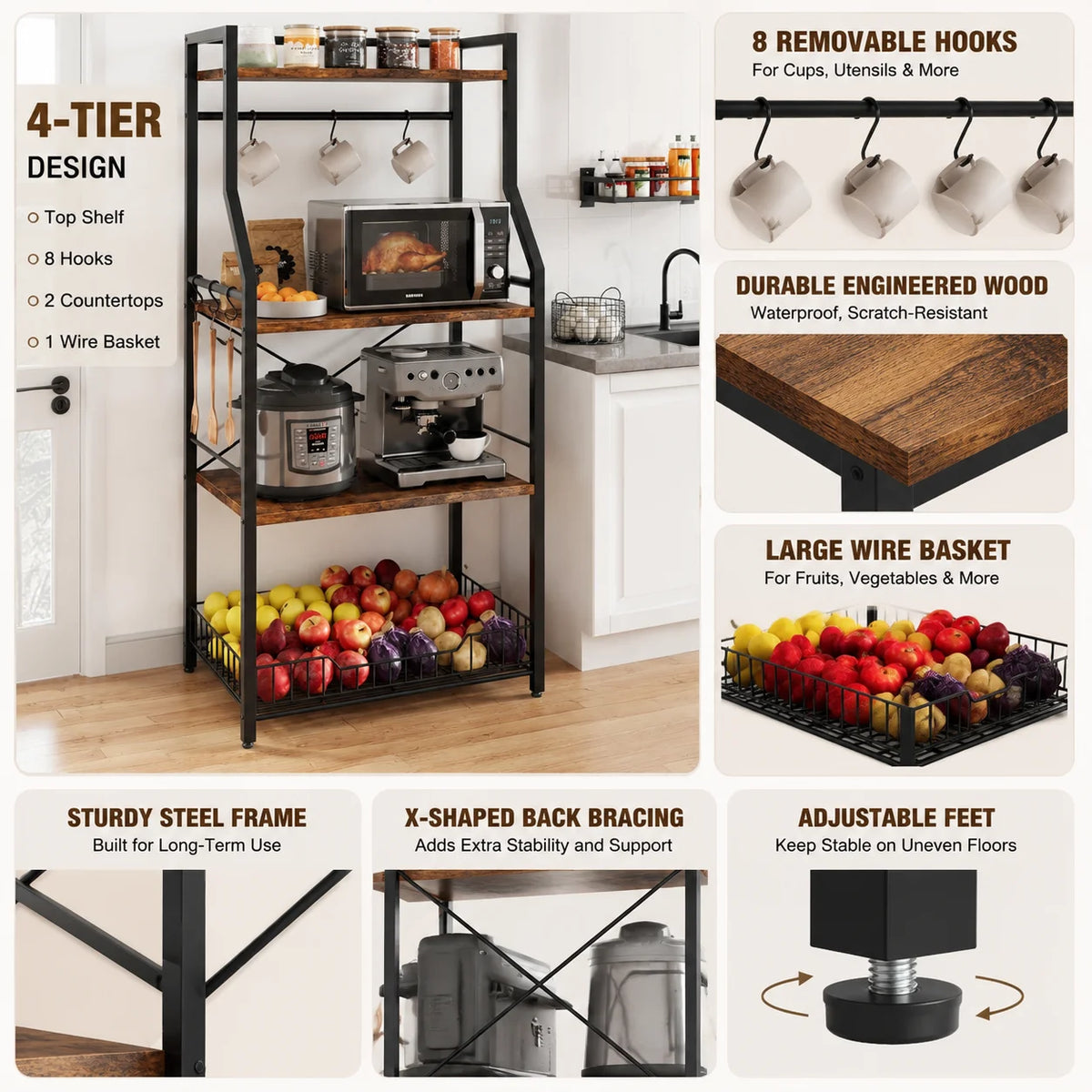 Freestanding Kitchen Baker Rack With Four Tier Steel Storage Shelf
