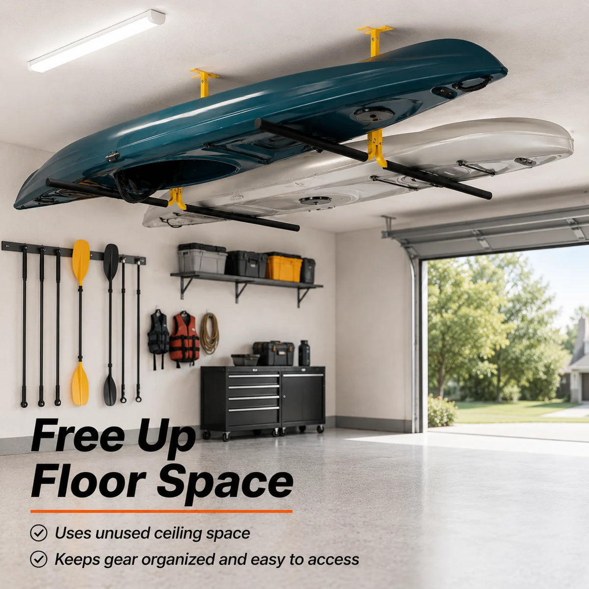 2PCS Overhead Kayak Storage Rack Ceiling Mount Adjustable Garage Hanger for 2 Kayaks Canoe Surfboard SUP Paddle Board Holder