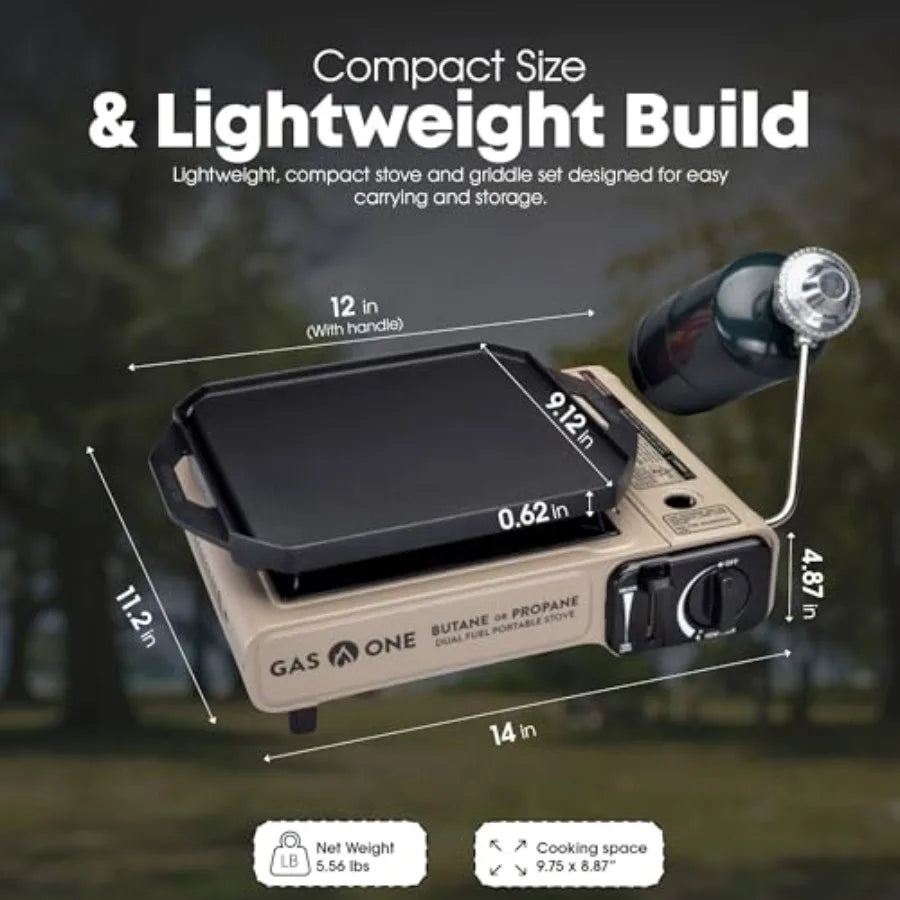 GasOne GS-3400P-KIT Propane or Butane Gas Flat Top Griddle Included Dual Propane Grill Tent Burners for Cooking for Camping, Ki