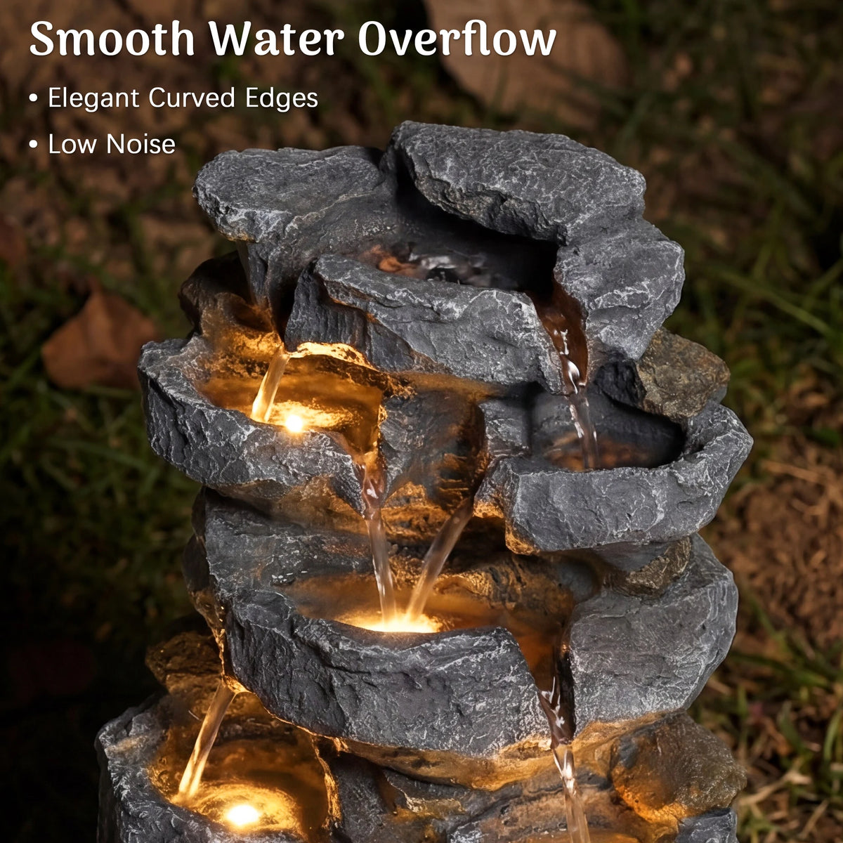 Cascading Rock Water Fountain With LED Lights For Outdoor Patio