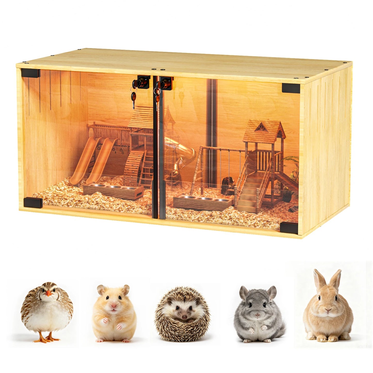 Wooden Hamster Cage Chew Proof Enclosure With Removable Divider