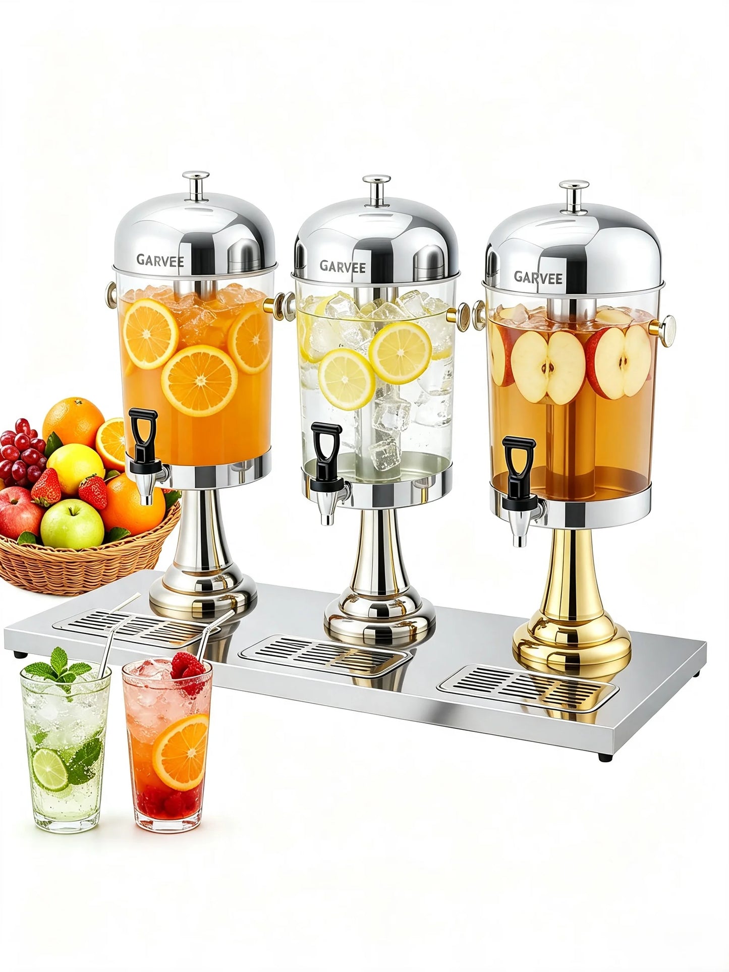 Tacleekii 2.2gal-6.6gal Commercial Drink Dispenser with Ice Core Stainless Steel Beverage Dispenser with Stand, Spigot & Drip Tray for Cold Juice Iced Tea Parties & Weddings