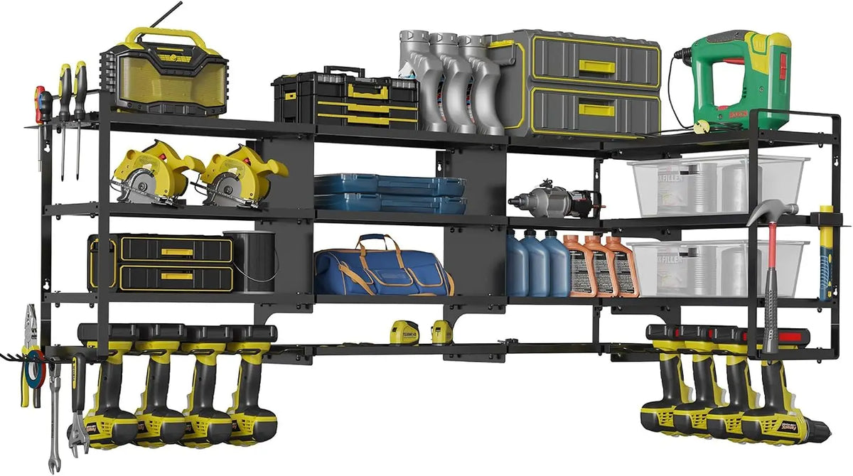 Large Power Tool Organizer Wall Mount Heavy Duty 67 Inch 4-Tier 8 Drill Holder Tool Storage Battery Shelf for Workshop Shed Basement 16 Inch Stud 20 Min Setup