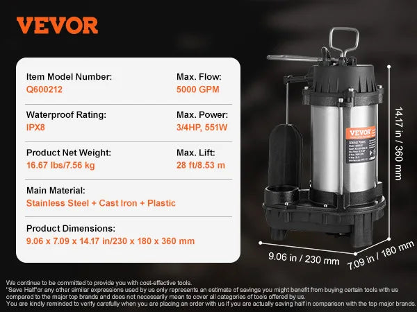 SucceBuy Submersible Sewage Pump Cast Iron with Automatic Float Switch Stainless Steel for Clean Flooded Basement Yard Farm