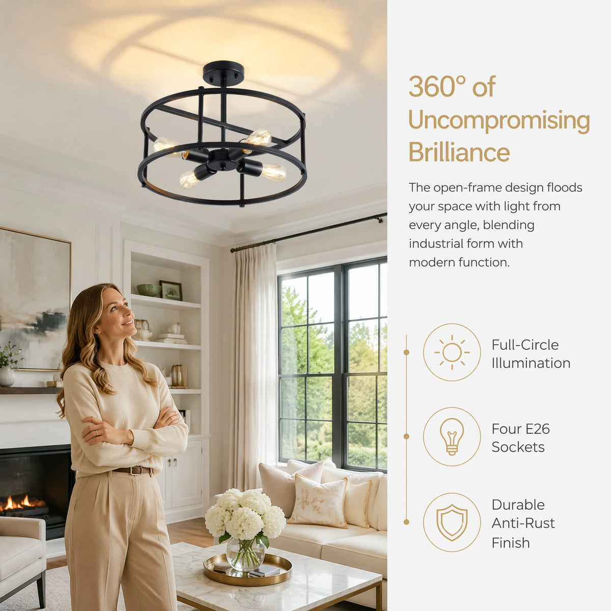 ARLGSTE Four Light Farmhouse Industrial Semi Flush Mount Ceiling Light