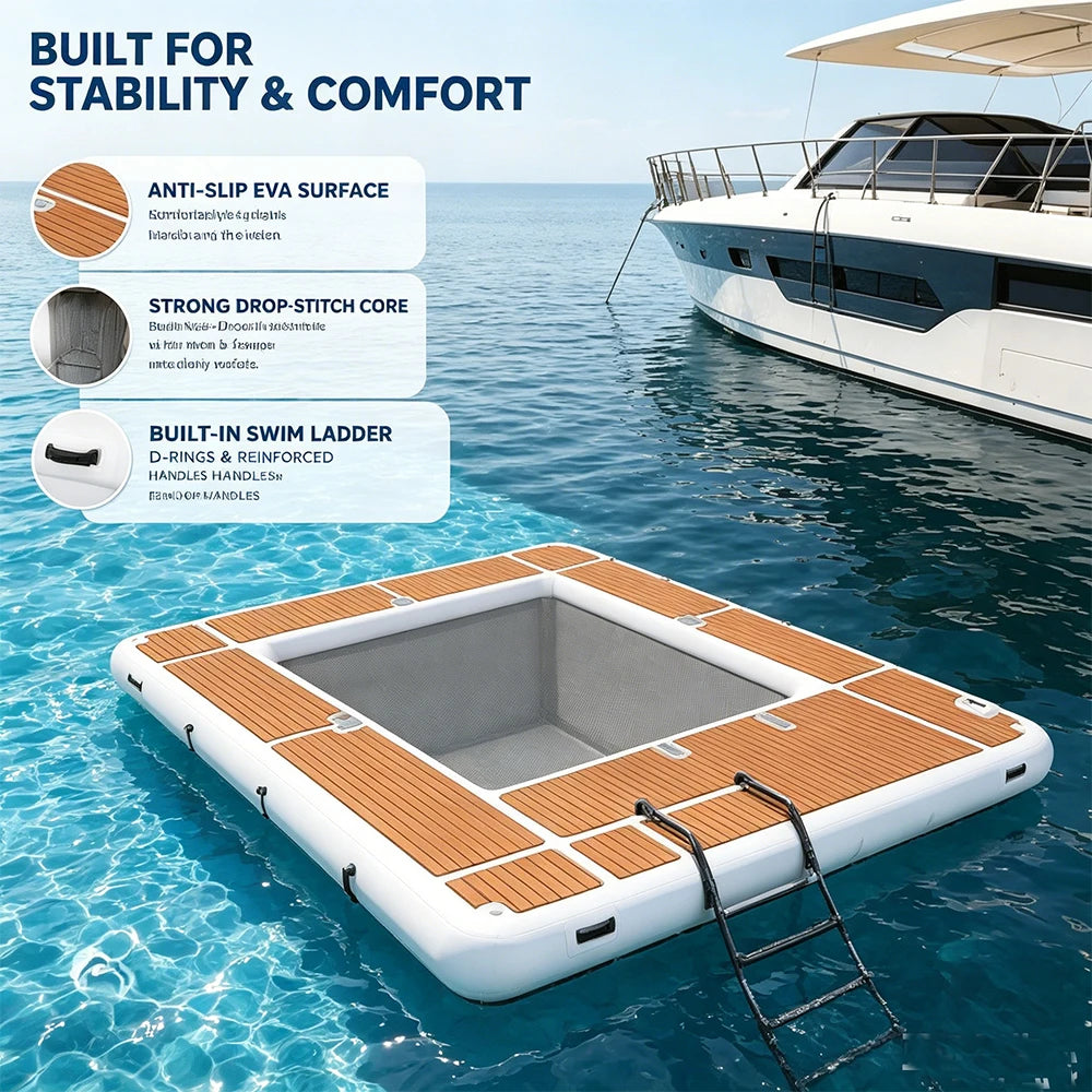 13ft Inflatable Yacht Pool Dock – Portable Floating Platform with 20cm Thickness  PVC Floating Swimming Pool Dock For  Yacht/Boat/Sea/Lake Water Activities