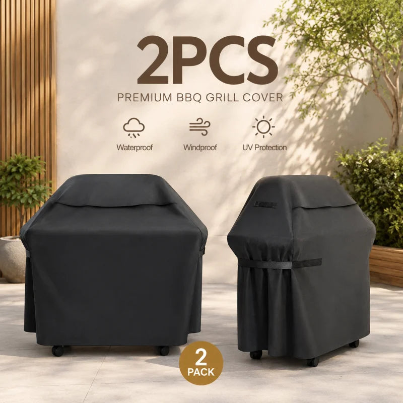 2-Piece Full-Coverage BBQ Cover—Outdoor Weather Protection; Black Oxford Fabric—Waterproof, UV-Resistant, and Tear-Resistant; Drawstring Closure for Easy Cleaning; Wind-Resistant and Durable; Suitable for Large Outdoor BB