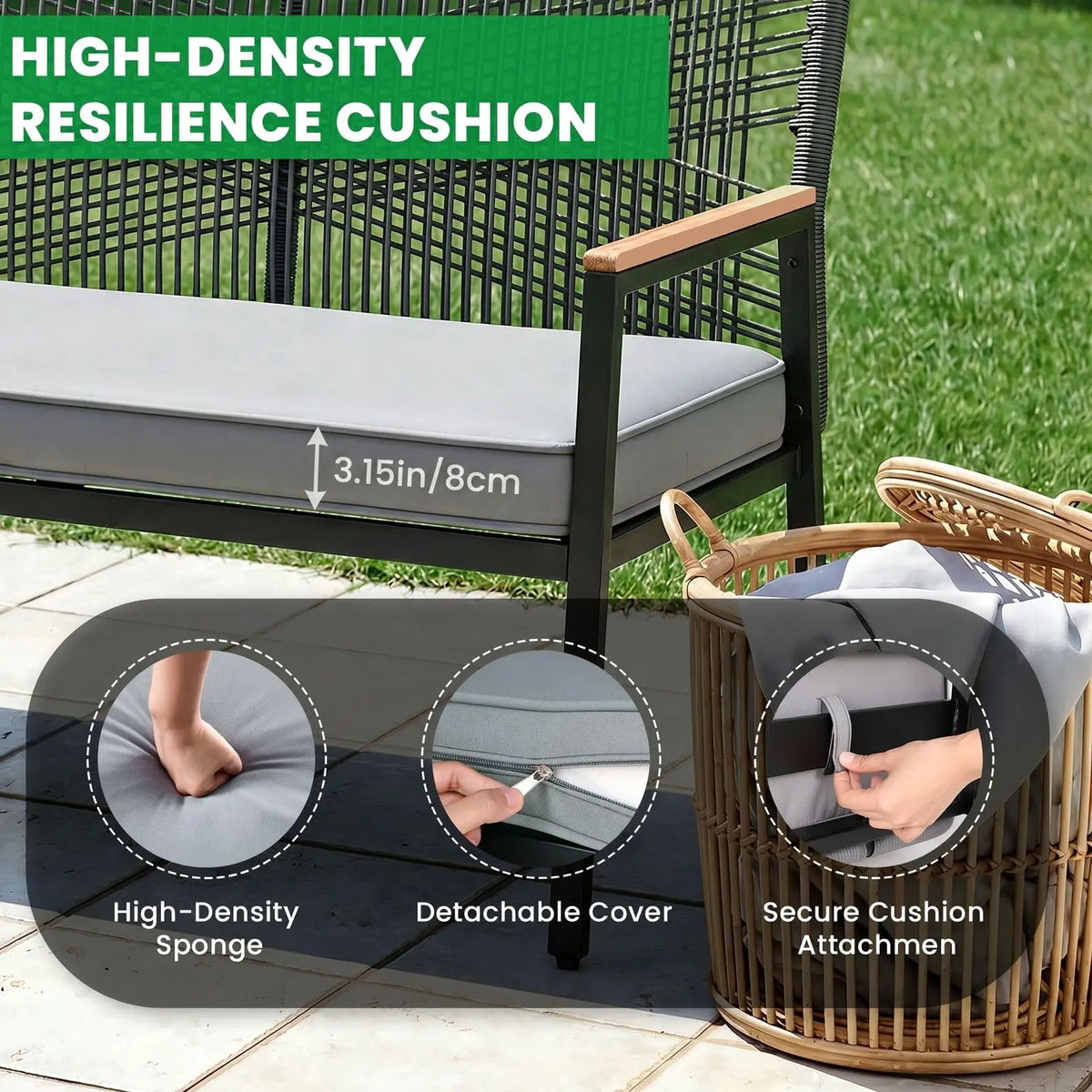Rattan Patio Loveseat for 2 with Cushion,Patio Loveseat with Curved Back and WPC Armrest,Two-Person Seating for Porch,Balcony,Terrace