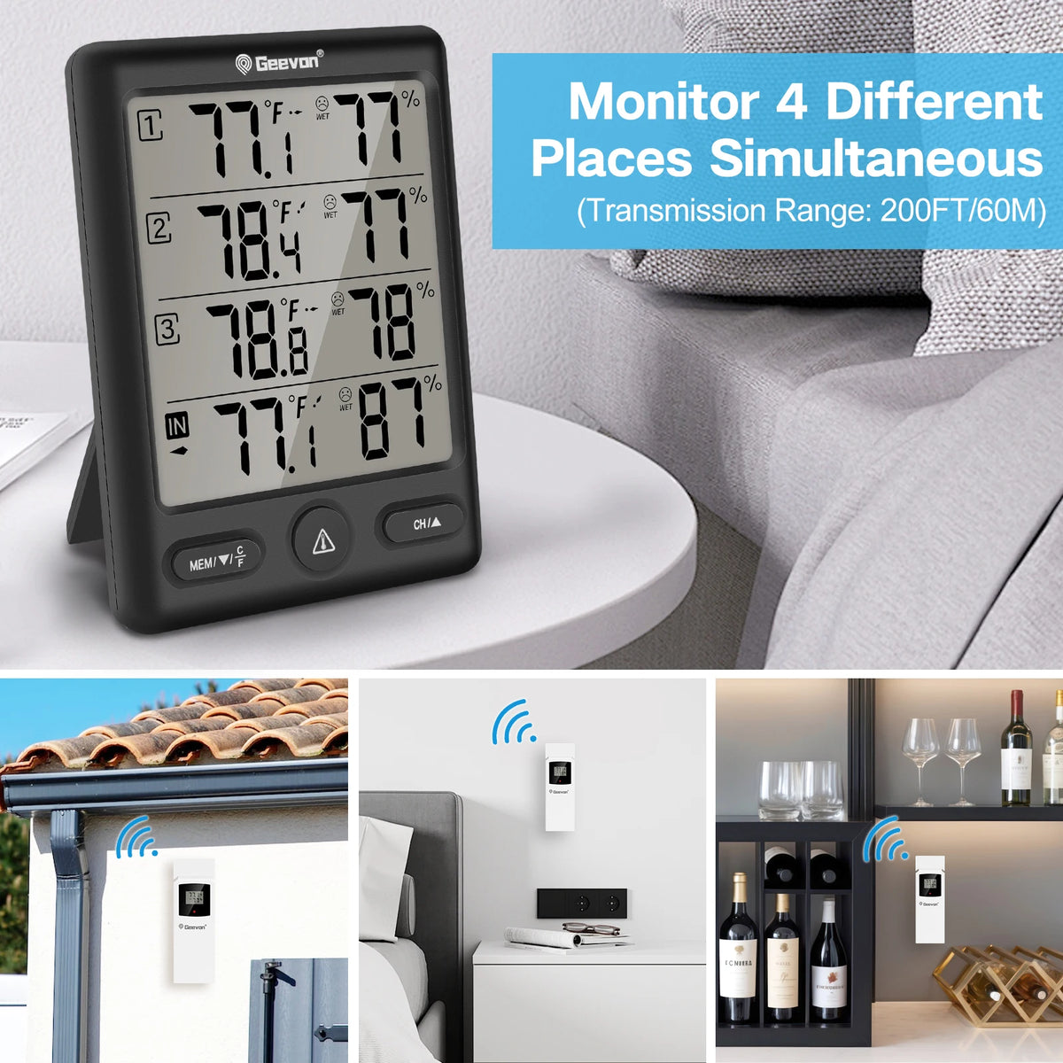 Geevon Wireless Indoor Outdoor Thermometer With 3 Remote Sensors Hygrometer