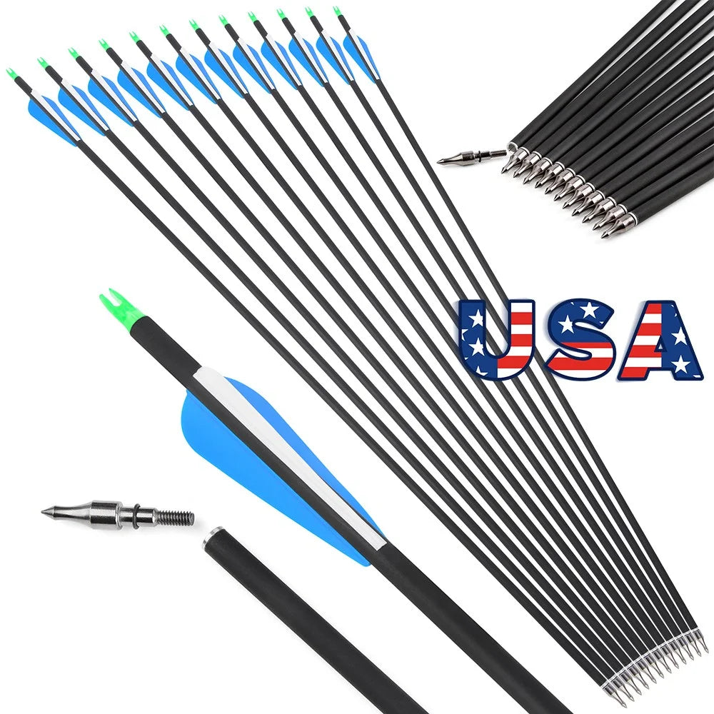 Hunting Carbon Arrows 12pcs 31.5 Inch Spine 500 ID6.2mm OD7.8mm 3 Inch Rubber Feather 100 Grain Tips for Recurve Bow