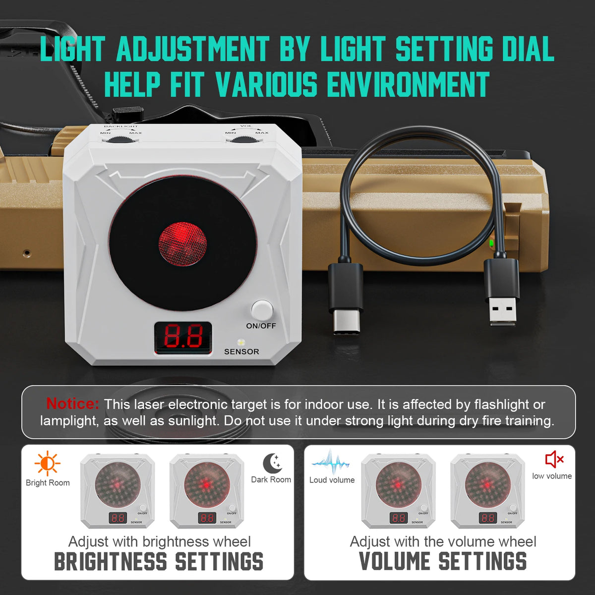 Portable rechargeable laser target, adjustable brightness and volume, five difficulty levels shooting training equipment.