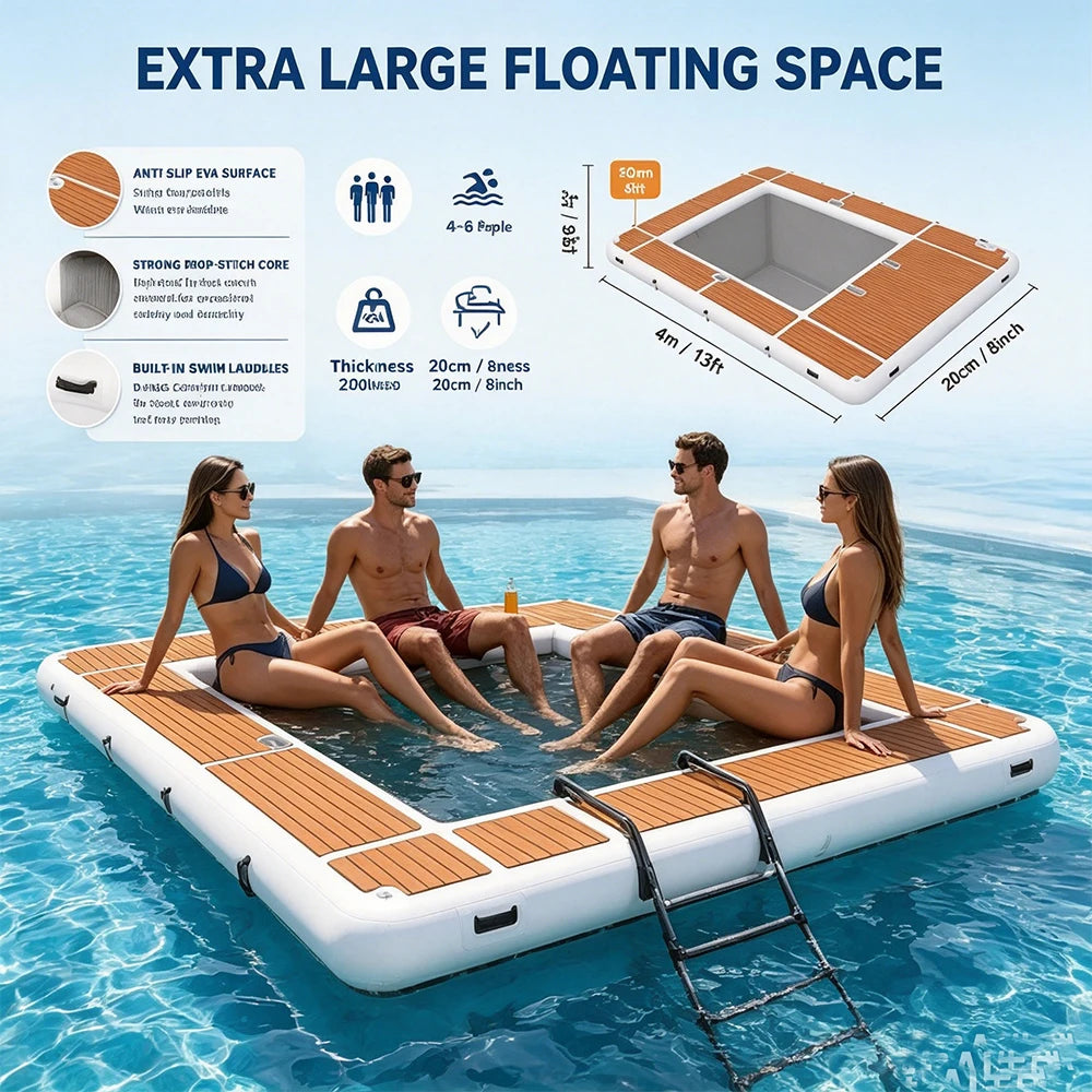 13ft Inflatable Yacht Pool Dock – Portable Floating Platform with 20cm Thickness  PVC Floating Swimming Pool Dock For  Yacht/Boat/Sea/Lake Water Activities
