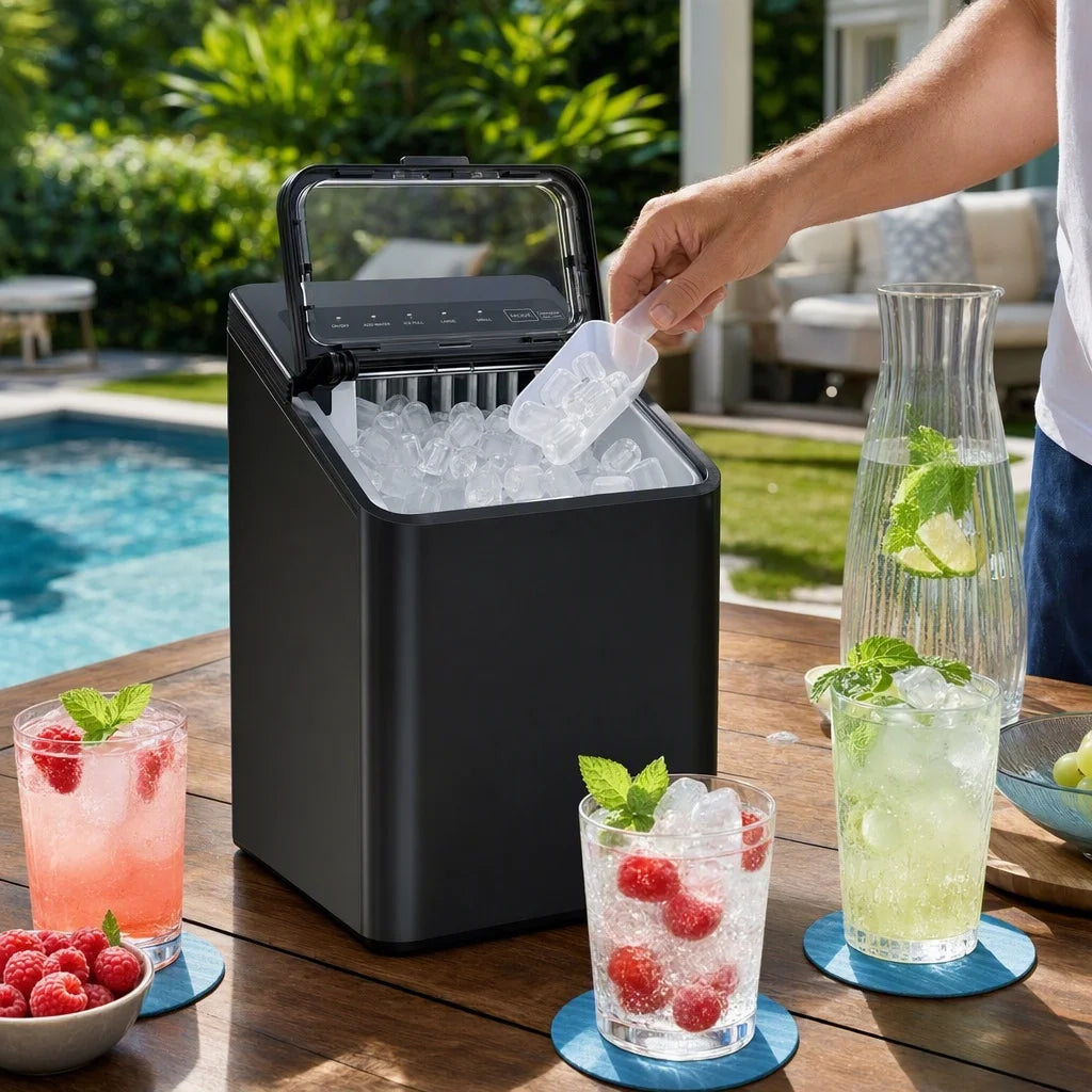 Ice Maker Countertop, 8 Ice Cubes in 6 Mins, 26.5 Lbs/24H, 2 Bullet Ice Sizes, Self-Cleaning Bullet Ice Maker, Portable Ice Machine for Kitchen, Party, Office, and RV Camping