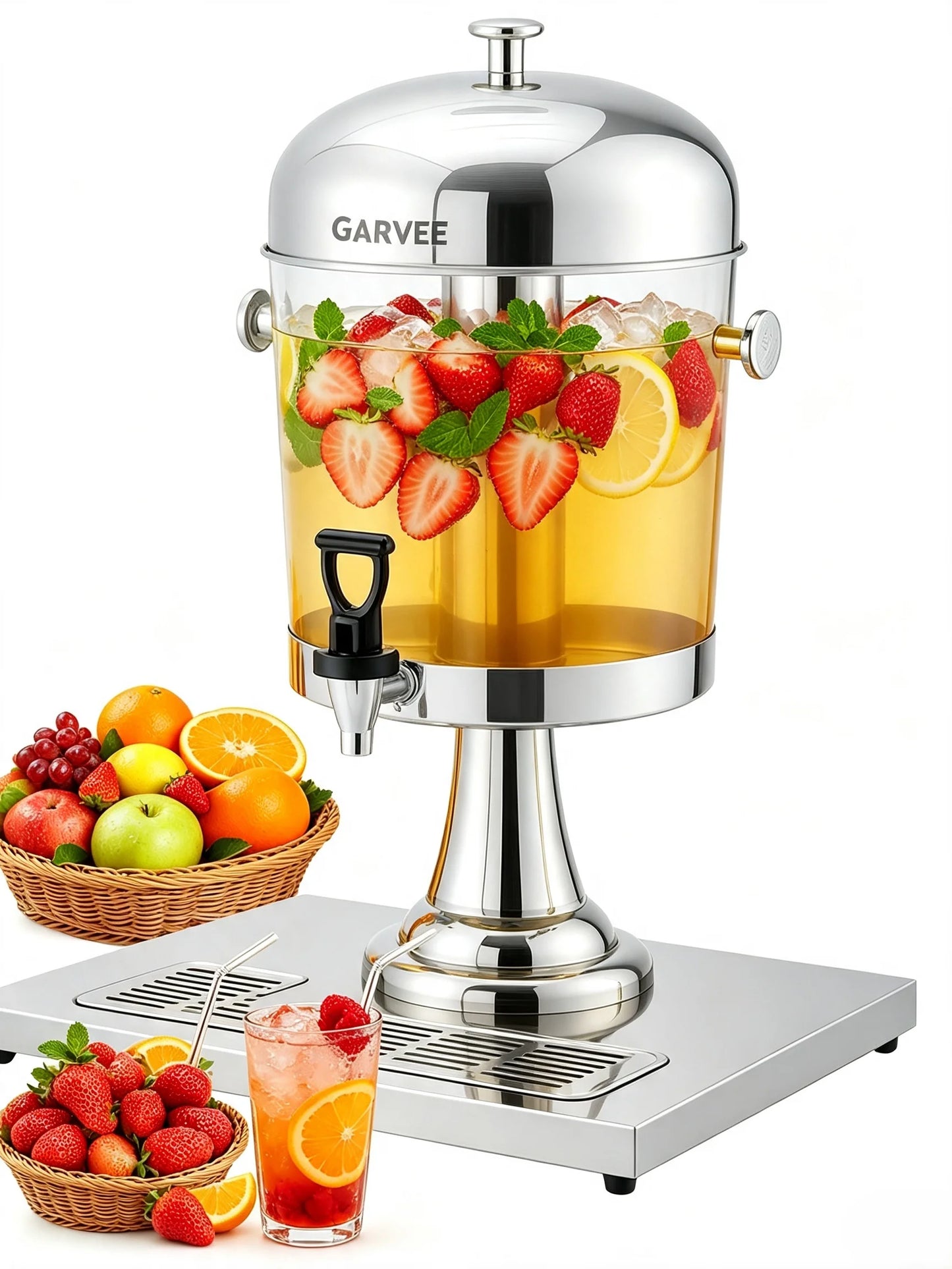 Tacleekii 2.2gal-6.6gal Commercial Drink Dispenser with Ice Core Stainless Steel Beverage Dispenser with Stand, Spigot & Drip Tray for Cold Juice Iced Tea Parties & Weddings