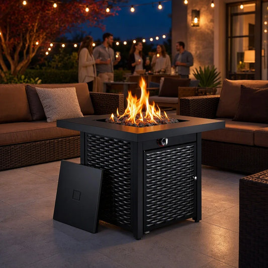 28 Inch Propane Fire Pit CSA-Listed Outdoor Fire Pit Table, 50,000 BTU Steel Gas Fire Pits with Lid and Lava Rock, Add Warmth and Ambience to Parties On Patio Deck Garden