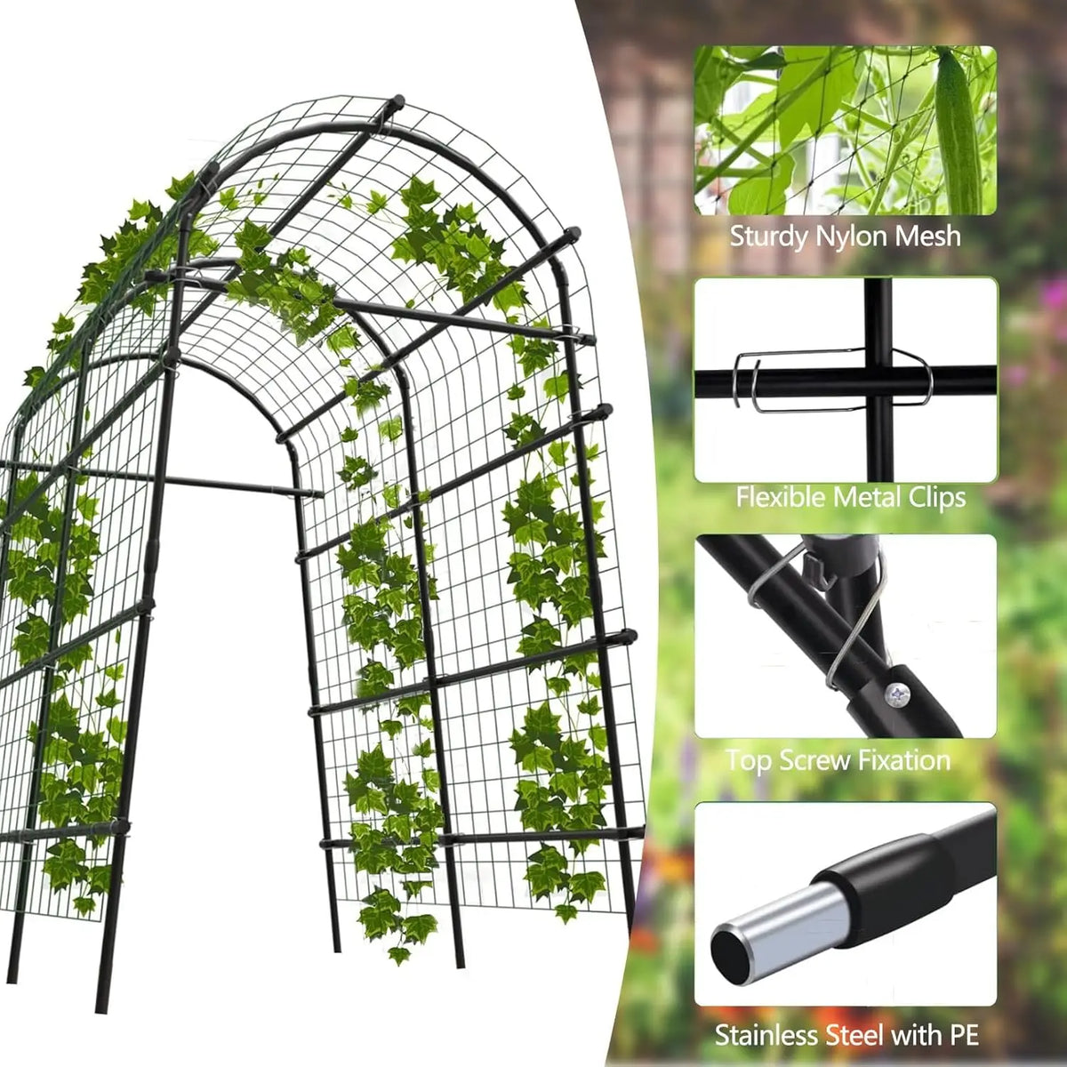 Garden Arch Trellis, 7.5FT Extra Tall Polyethylene-Coated Stainless Steel Garden Trellis for Cucumbers, Melons, Vegetables, Peas, Tomatoes & Climbing Vegetables, Outdoor Rust-Resistant Trellis