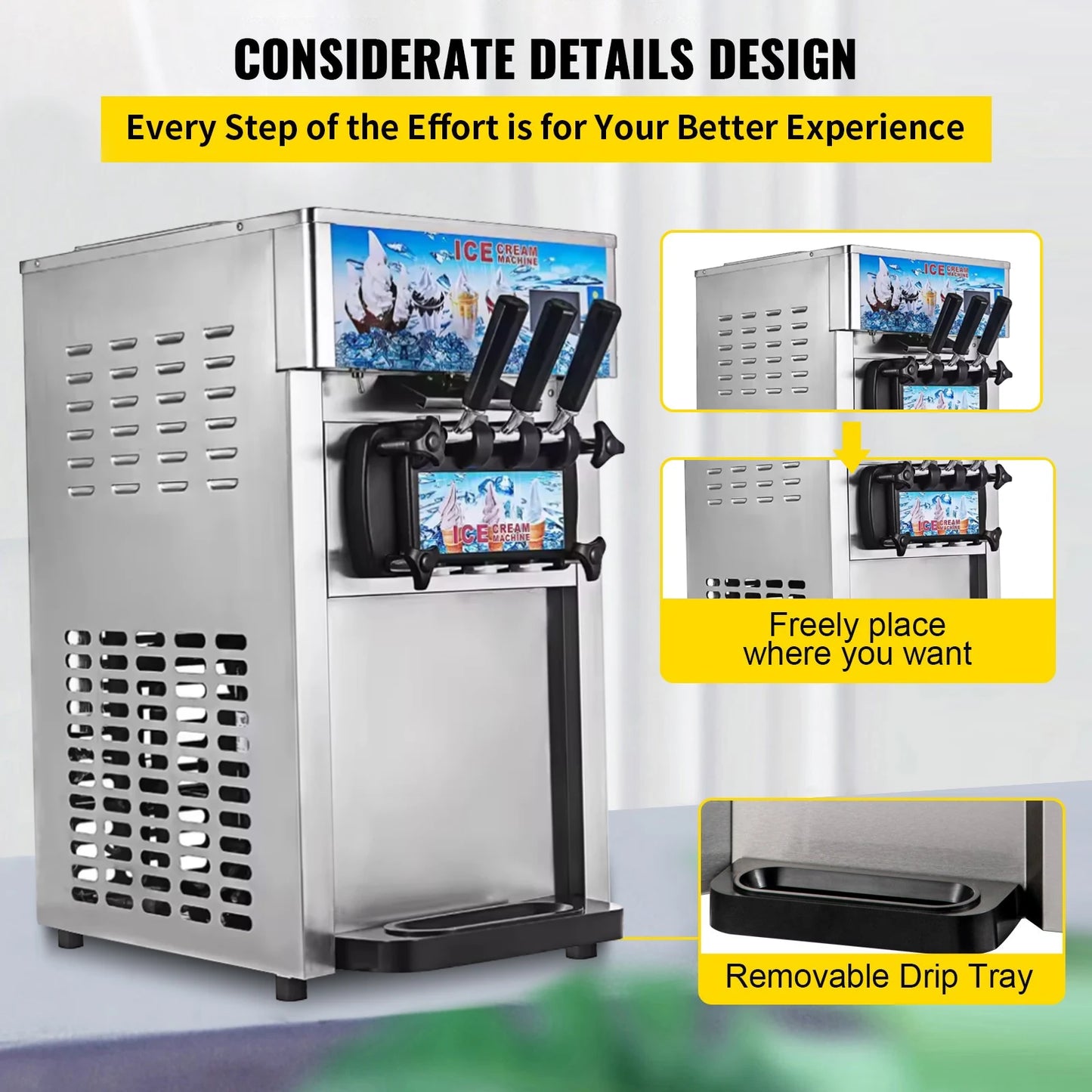 SIHAO Commercial Soft Serve Ice Cream Machine, 18L/H Tri-Flavor Countertop Ice Cream Maker, LCD Display 1200W Compressor, Stainless Steel, One-Touch Cleaning, for Dessert Shop Cafe Restaurant Snack Bar