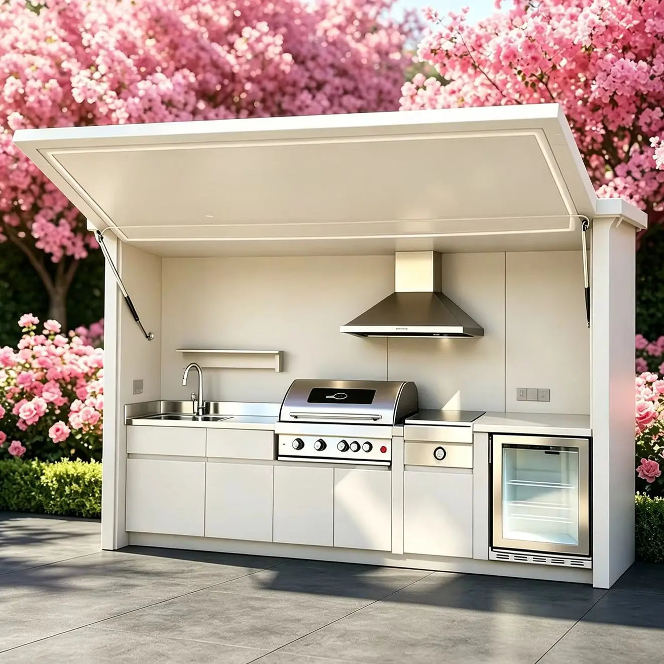 2026 Top Outdoor Kitchen Design, Aluminum Cabinet with Sun Shade, Complete Cookware Set & Durable Motorized Door for Garden