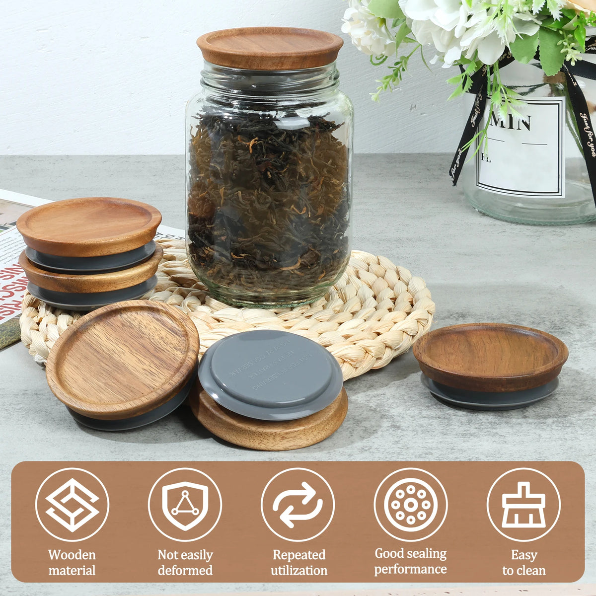 Airtight Acacia Wood Canning Lids With Silicone Jar Seals