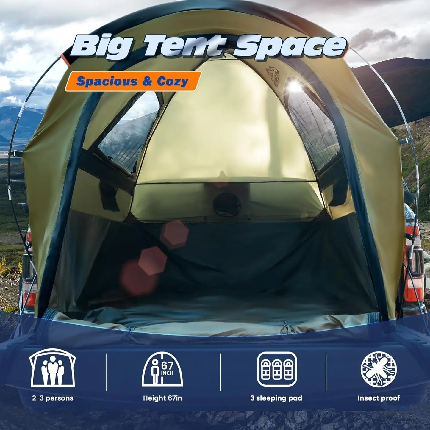 Waterproof PU3000mm Camping Tent for Pickup Truck Bed, 2-3 Person Sleeping Capacity, Portable Car Camping Shelter