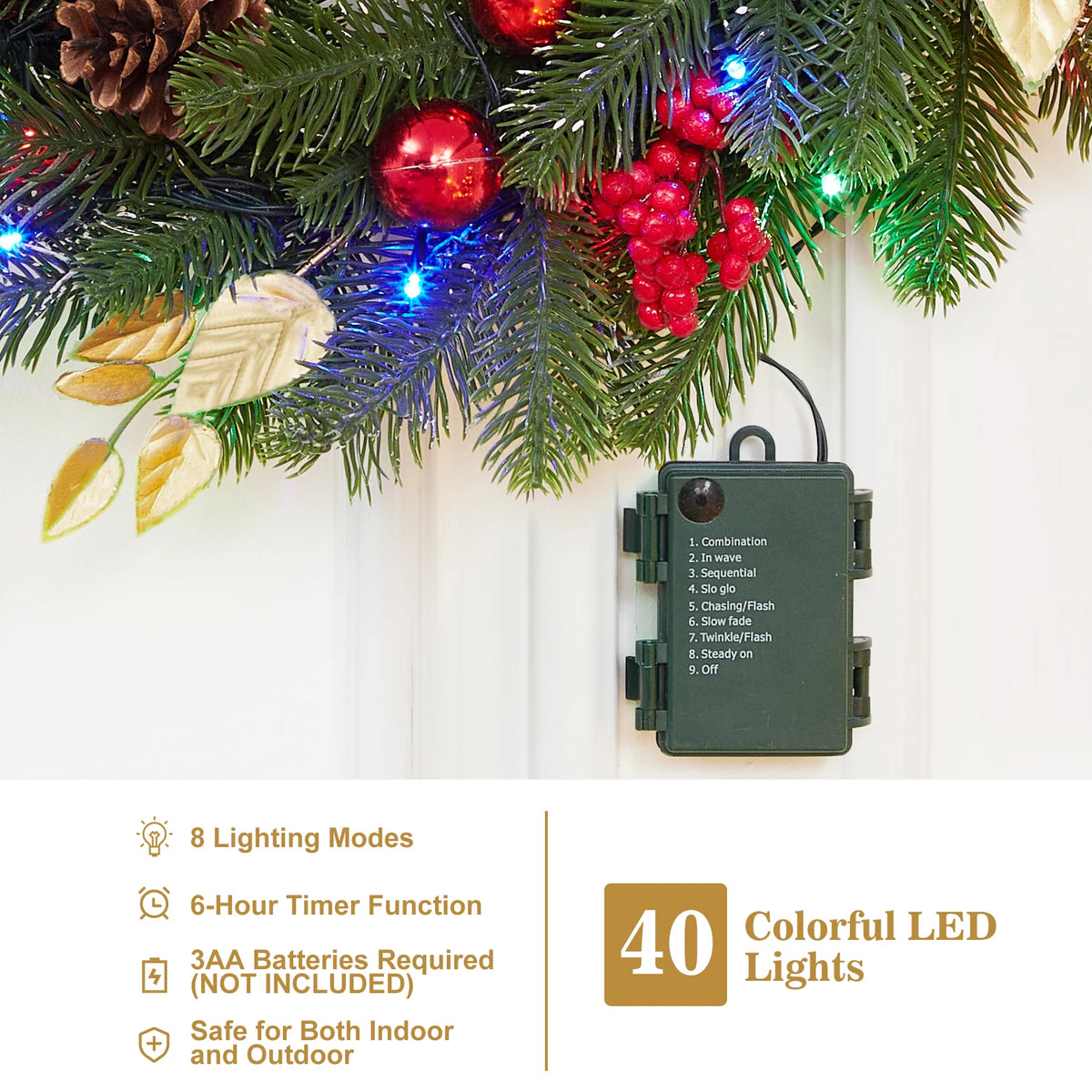 Battery Operated Christmas Wreath With LED Lights And Pine Cones