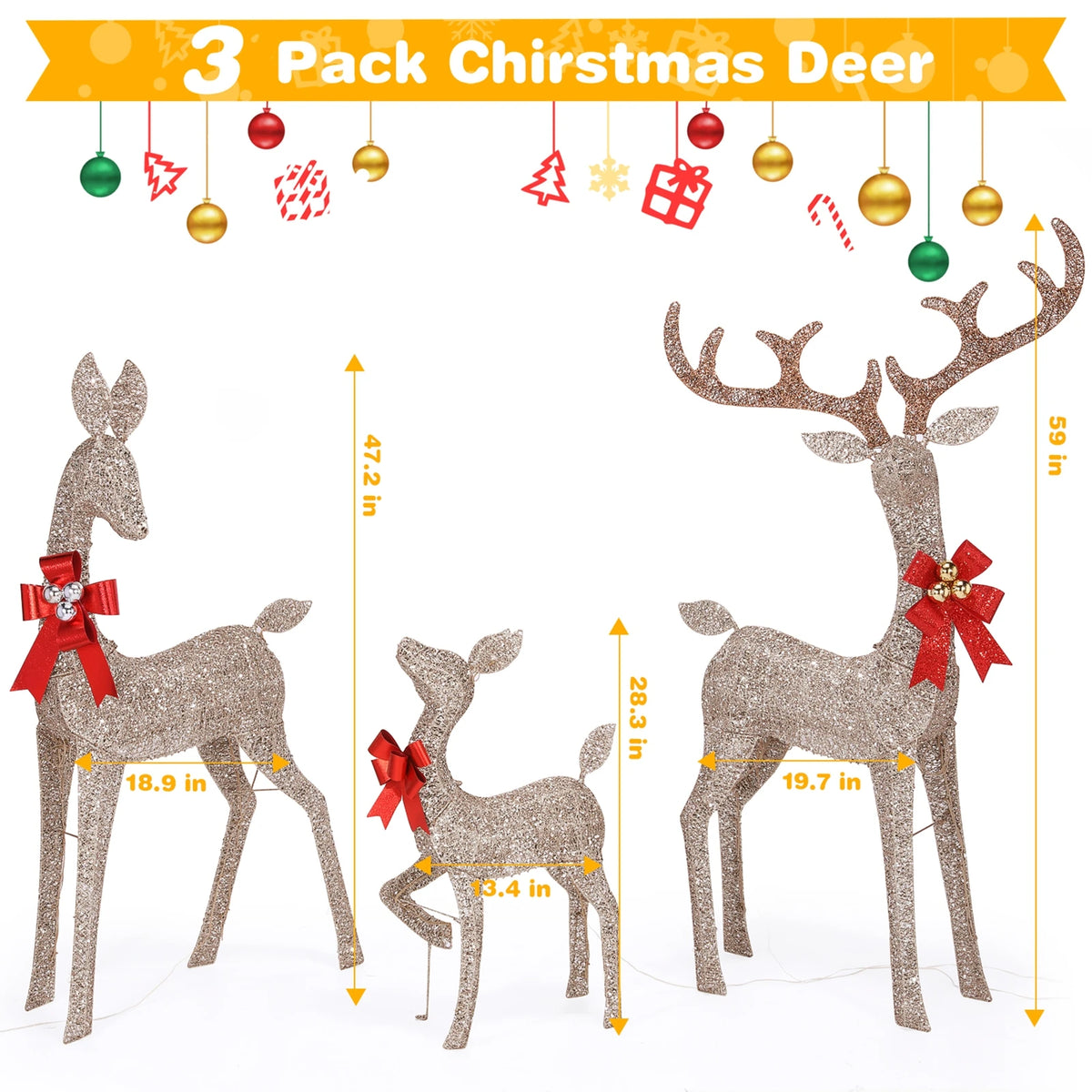Three Piece Pre Lit Christmas Deer LED Light Outdoor Decor