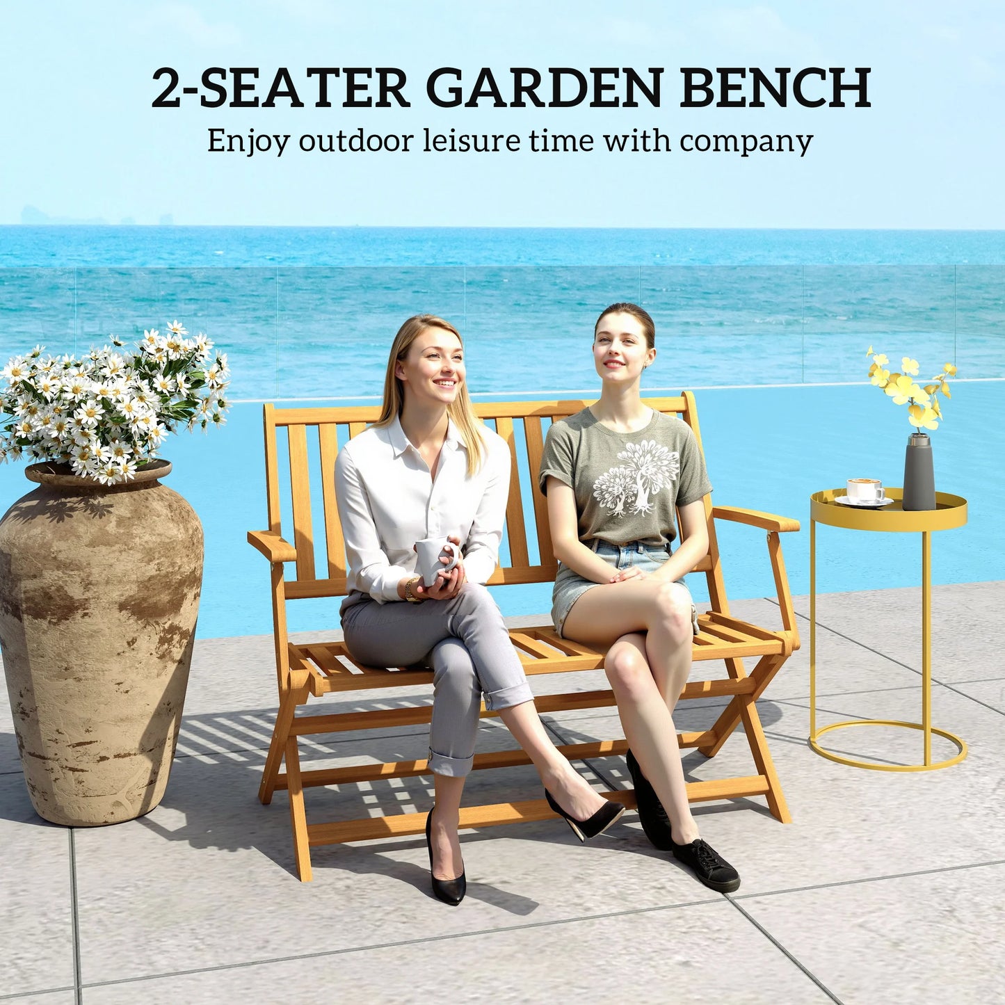 Outsunny Wood Outdoor Bench, 2-Person Foldable Patio Garden Bench, Teak