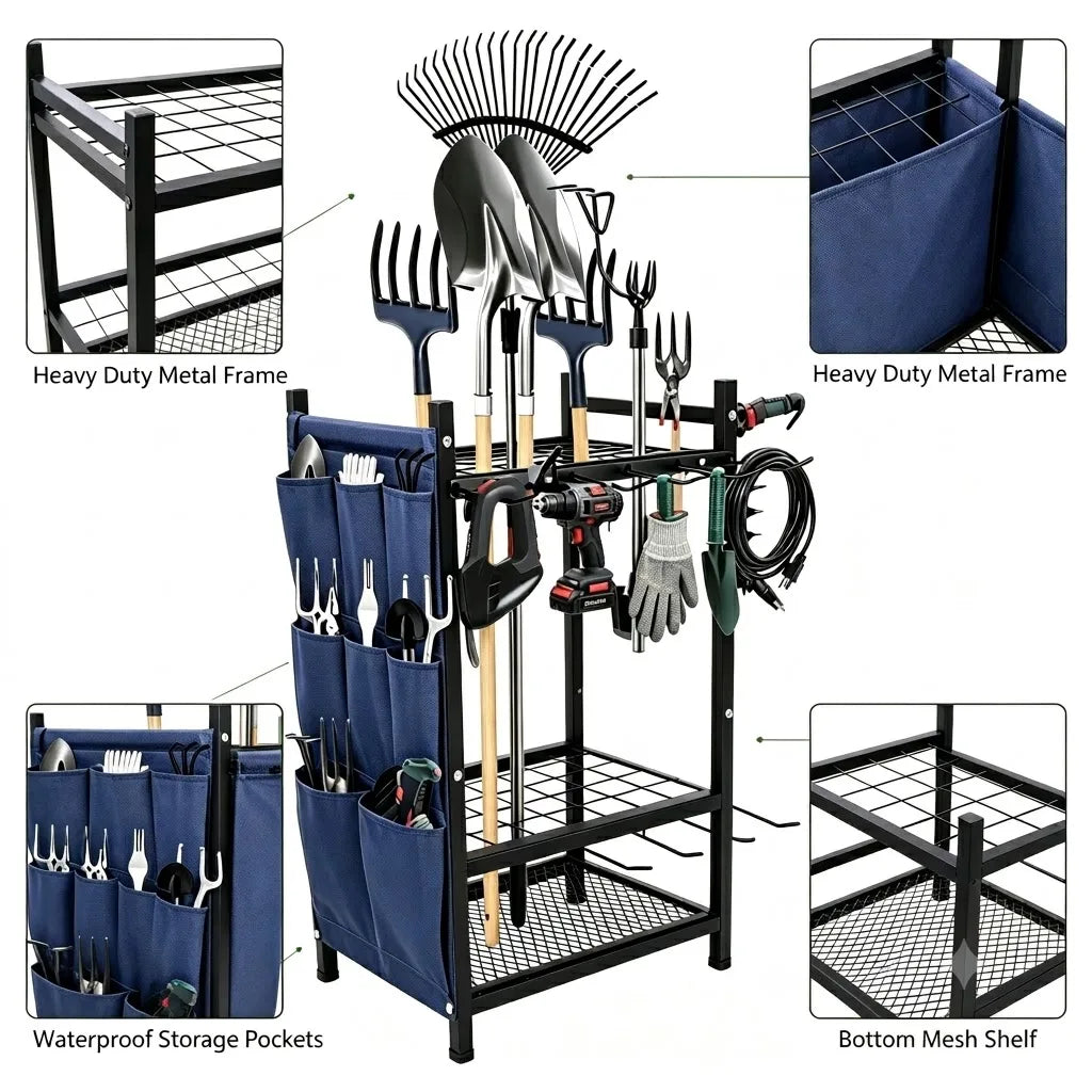 Heavy Duty Metal Garden Tool Storage Rack And Organizer